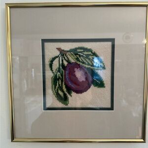 Framed Plum Needlepoint Art in Gold Frame